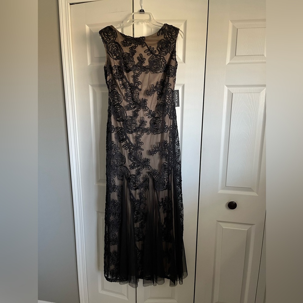 Onyx Nite evening gown black lace nude mesh mother of the bride formal mermaid
